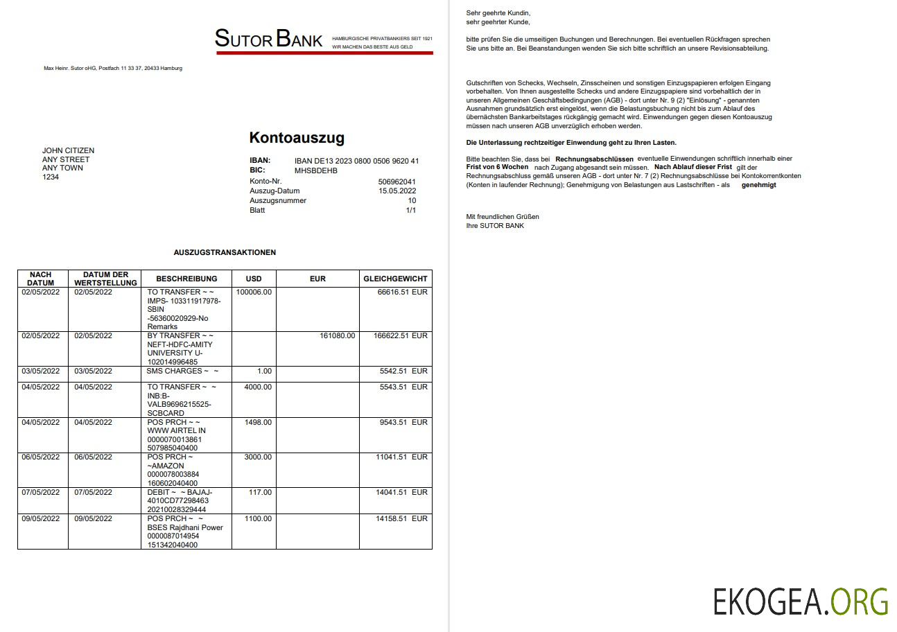 Allemagne Déclaration de la Sutor Bank sur Deutsch, 2 pages